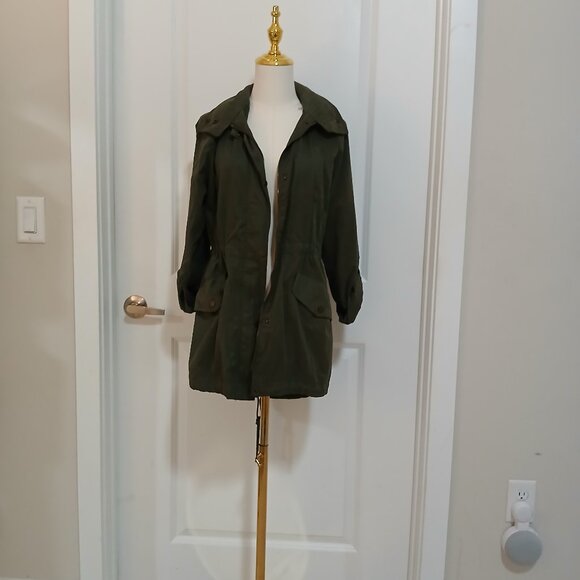 a.n.d Eawy Utility Parka Jacket Women’s Small Green Hidden Hood Drawstring Waist - Picture 1 of 9